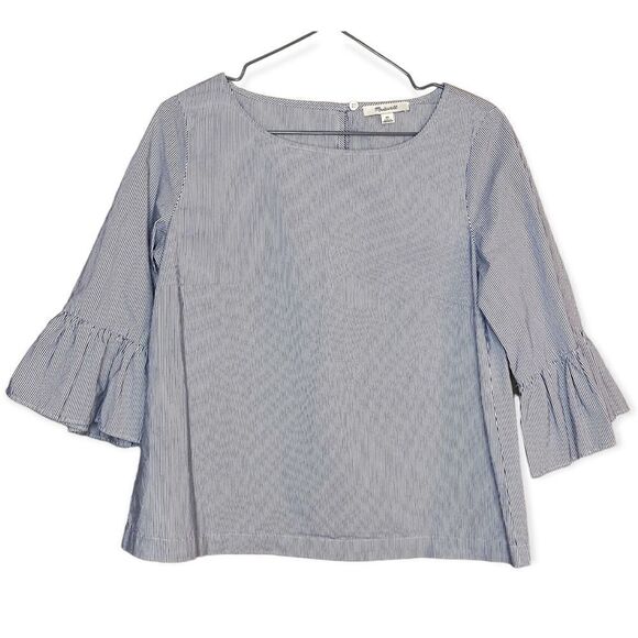 Madewell Blue/White Pinstripe Ruffle-Sleeve Blouse Size XS - Picture 1 of 6